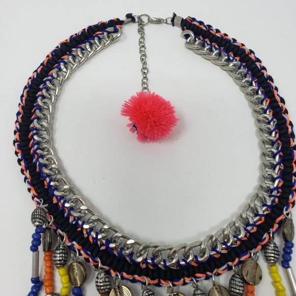 Silver Tone Multi Color Pom Pom Tassel Necklace - Picture 3 of 6